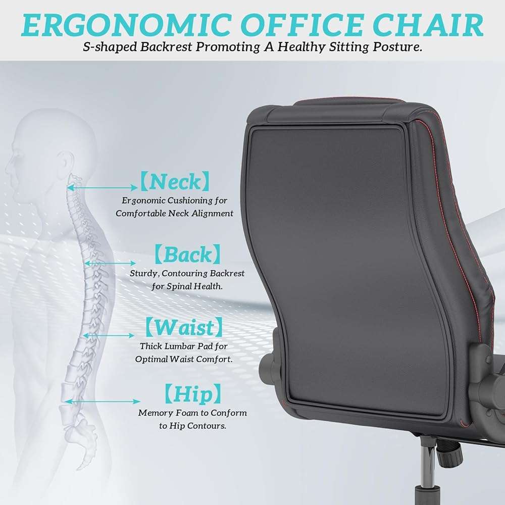 lavimiya Executive Office Chair with Rubber Wheels, Big and Tall Office Chair 400LBS, High Back Leather Computer Desk Chair with Flip-up Armrests and Lumbar Support, Black - Image 6