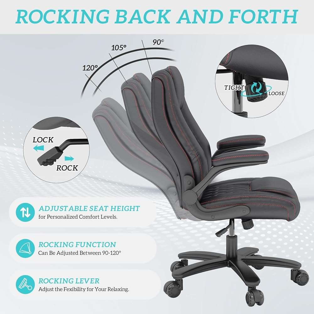 lavimiya Executive Office Chair with Rubber Wheels, Big and Tall Office Chair 400LBS, High Back Leather Computer Desk Chair with Flip-up Armrests and Lumbar Support, Black - Image 7