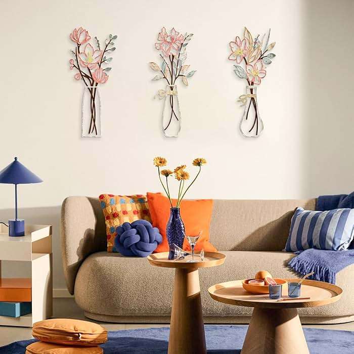 Zzbakress 3 Pcs Metal Flowers Wall Arts Rustic Farmhouse Decor Bathroom Wall Decor Metal Wall Decor for Living-room Dining-Room Kitchen Minimalist Decor Housewarming Gifts (Multicolored) - Image 2