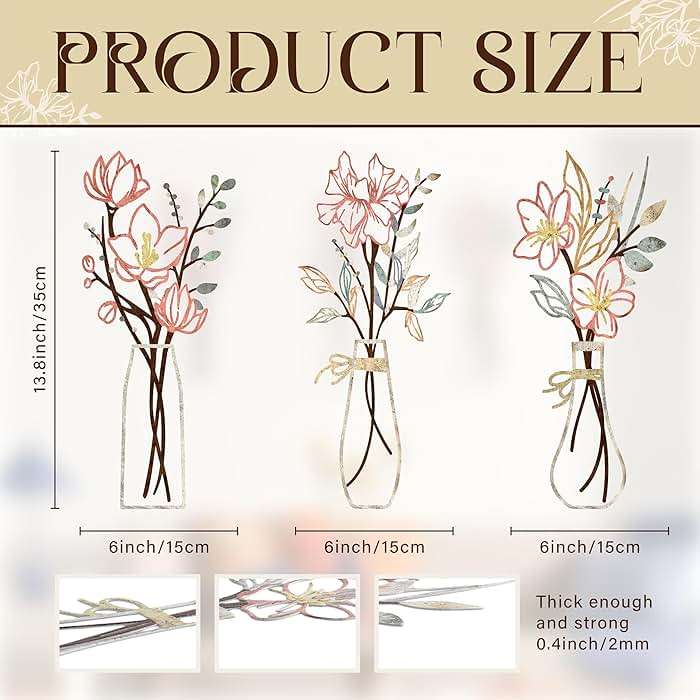 Zzbakress 3 Pcs Metal Flowers Wall Arts Rustic Farmhouse Decor Bathroom Wall Decor Metal Wall Decor for Living-room Dining-Room Kitchen Minimalist Decor Housewarming Gifts (Multicolored) - Image 3