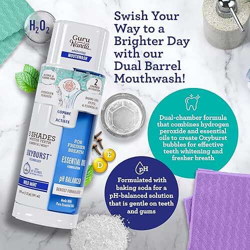 GuruNanda Whitening Wonder Duo, Dual Barrel Oxyburst Whitening Mouthwash 20 Oz & Teeth Whitening Strips with No Slip, Dry Strip Tech, 7 Day Treatments - Image 4
