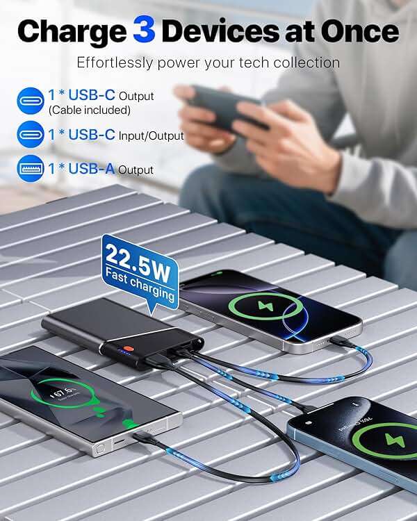Aaoyun Portable Charger Power Bank, 10000mAh 22.5W PD Fast Charging Powerbank with Built-in USB C Cable, Slim External Phone Battery Pack for iPhone 17/16/15 Samsung S24 Android etc (Grey) - Image 3