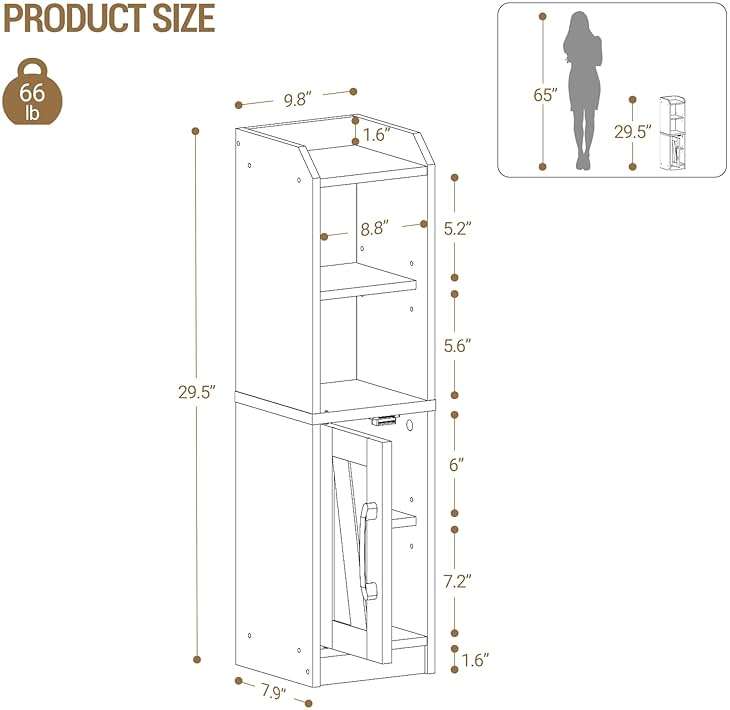 Hzuaneri Bathroom Storage Cabinet, Small Farmhouse Corner Floor Cabinet with Door and Shelves, Narrow Toilet Paper Holder Stand, Bathroom Organizer with Adjustable Shelf, for Small Spaces,Rustic White - Image 2