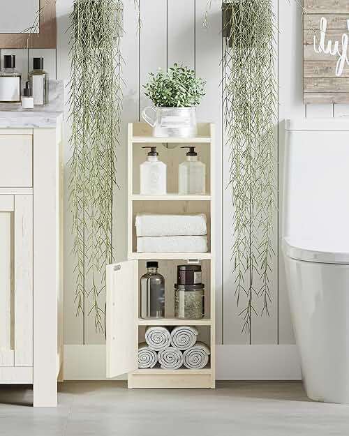 Hzuaneri Bathroom Storage Cabinet, Small Farmhouse Corner Floor Cabinet with Door and Shelves, Narrow Toilet Paper Holder Stand, Bathroom Organizer with Adjustable Shelf, for Small Spaces,Rustic White - Image 3