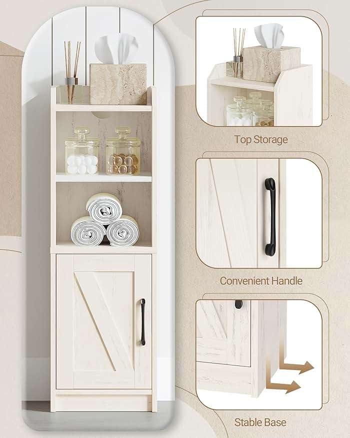 Hzuaneri Bathroom Storage Cabinet, Small Farmhouse Corner Floor Cabinet with Door and Shelves, Narrow Toilet Paper Holder Stand, Bathroom Organizer with Adjustable Shelf, for Small Spaces,Rustic White - Image 4