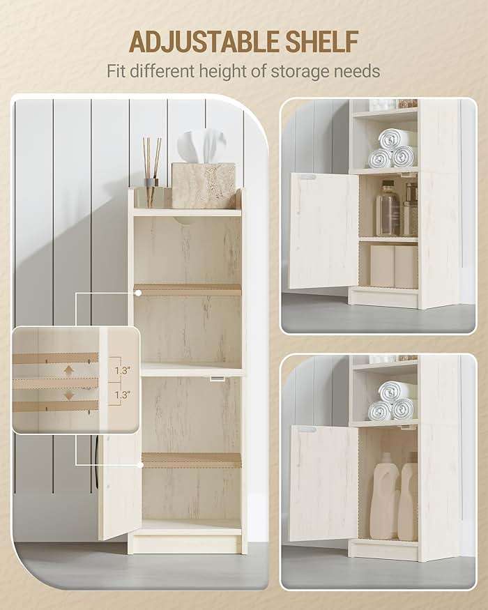 Hzuaneri Bathroom Storage Cabinet, Small Farmhouse Corner Floor Cabinet with Door and Shelves, Narrow Toilet Paper Holder Stand, Bathroom Organizer with Adjustable Shelf, for Small Spaces,Rustic White - Image 5