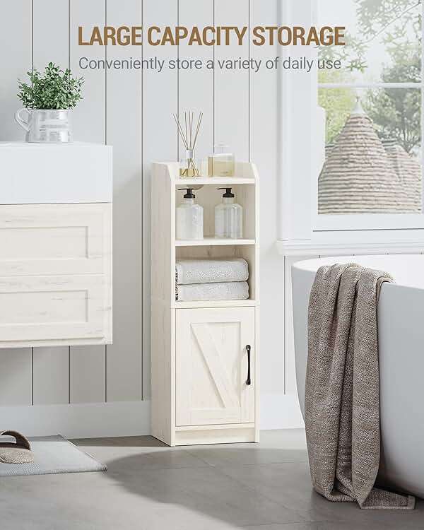 Hzuaneri Bathroom Storage Cabinet, Small Farmhouse Corner Floor Cabinet with Door and Shelves, Narrow Toilet Paper Holder Stand, Bathroom Organizer with Adjustable Shelf, for Small Spaces,Rustic White - Image 6