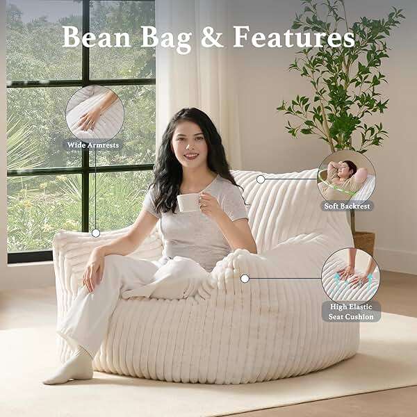 Giant Plush Bean Bag Chair for Adults with Armrests - Oversized Comfy Beige Beanbag Lounge Lazy Floor Sofa Accent Chair for Living Room, Bedroom & Dorm, Cozy Fluffy Single Cloud Mini Couch - Image 4