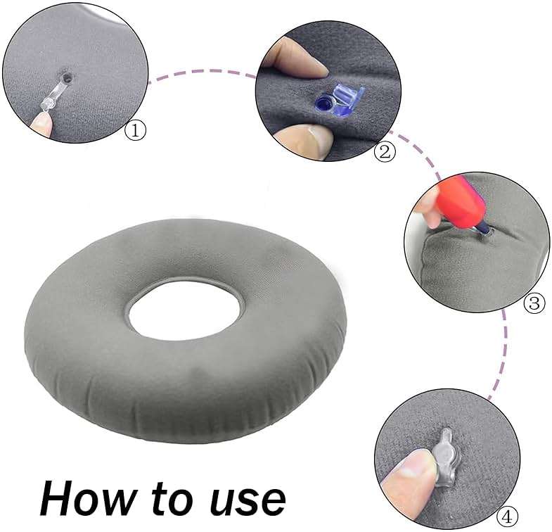 Dogxiong Donuts Pillow for Tailbone Pain Relief, Inflatable Butt Pillow Flocked Fabric Air Pillow for The Home, Office, Ultralight Inflatable Pillow for Hiking, Camping (Gray) - Image 3