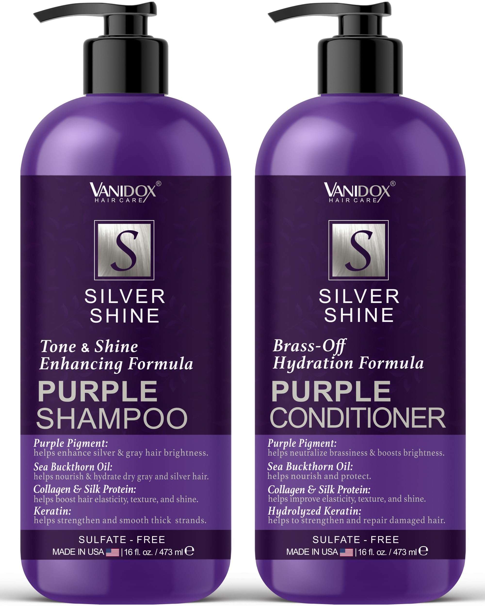 VANIDOX Sulfate Free Brass Toning Purple Shampoo and Conditioner Set for Grey and Silver Hair, Moisturizing & Color-Safe, Enhances Shine & Brightness, Made in USA (16 fl oz each) - Image 1