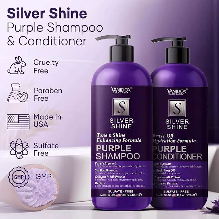 VANIDOX Sulfate Free Brass Toning Purple Shampoo and Conditioner Set for Grey and Silver Hair, Moisturizing & Color-Safe, Enhances Shine & Brightness, Made in USA (16 fl oz each) - Image 2
