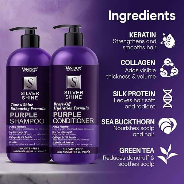 VANIDOX Sulfate Free Brass Toning Purple Shampoo and Conditioner Set for Grey and Silver Hair, Moisturizing & Color-Safe, Enhances Shine & Brightness, Made in USA (16 fl oz each) - Image 4
