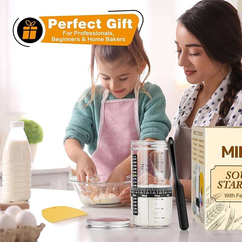 Glass Sourdough Starter Kit with Cloth Cover & Metal Lid, Tracker Band, Thermometer, Jar Scraper, Lame, Dough Whisk, Bread Baking Supplies - Image 2