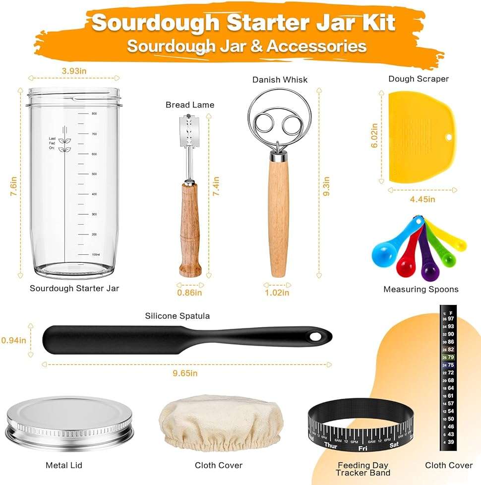 Glass Sourdough Starter Kit with Cloth Cover & Metal Lid, Tracker Band, Thermometer, Jar Scraper, Lame, Dough Whisk, Bread Baking Supplies - Image 3