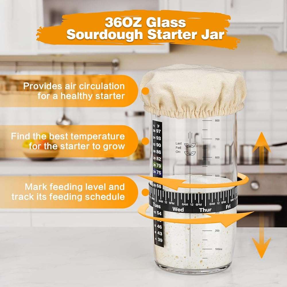 Glass Sourdough Starter Kit with Cloth Cover & Metal Lid, Tracker Band, Thermometer, Jar Scraper, Lame, Dough Whisk, Bread Baking Supplies - Image 4