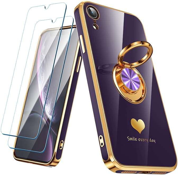 Nonional Compatible for iPhone XR Case with 2 Pack Screen Protector, 360° Rotatable Ring Holder [Luxury Hearts Pattern] Plating Gold Edge Slim Soft Phone Cover Case for iPhone XR - Purple - Image 1