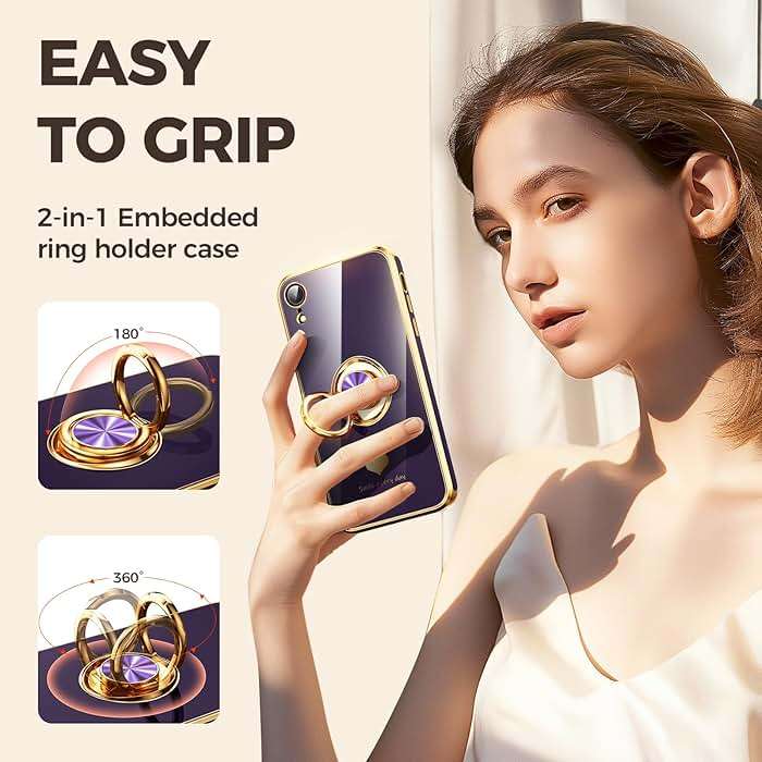 Nonional Compatible for iPhone XR Case with 2 Pack Screen Protector, 360° Rotatable Ring Holder [Luxury Hearts Pattern] Plating Gold Edge Slim Soft Phone Cover Case for iPhone XR - Purple - Image 2