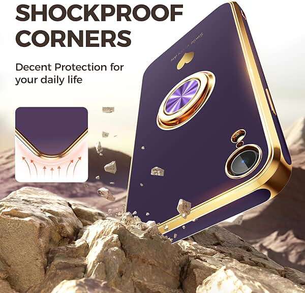 Nonional Compatible for iPhone XR Case with 2 Pack Screen Protector, 360° Rotatable Ring Holder [Luxury Hearts Pattern] Plating Gold Edge Slim Soft Phone Cover Case for iPhone XR - Purple - Image 3