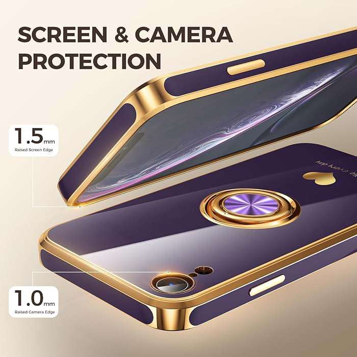 Nonional Compatible for iPhone XR Case with 2 Pack Screen Protector, 360° Rotatable Ring Holder [Luxury Hearts Pattern] Plating Gold Edge Slim Soft Phone Cover Case for iPhone XR - Purple - Image 4