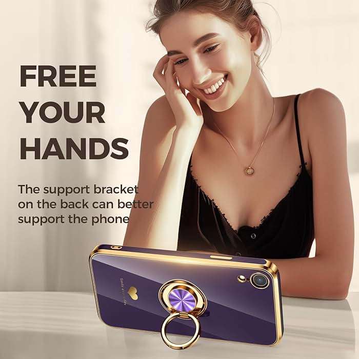 Nonional Compatible for iPhone XR Case with 2 Pack Screen Protector, 360° Rotatable Ring Holder [Luxury Hearts Pattern] Plating Gold Edge Slim Soft Phone Cover Case for iPhone XR - Purple - Image 5