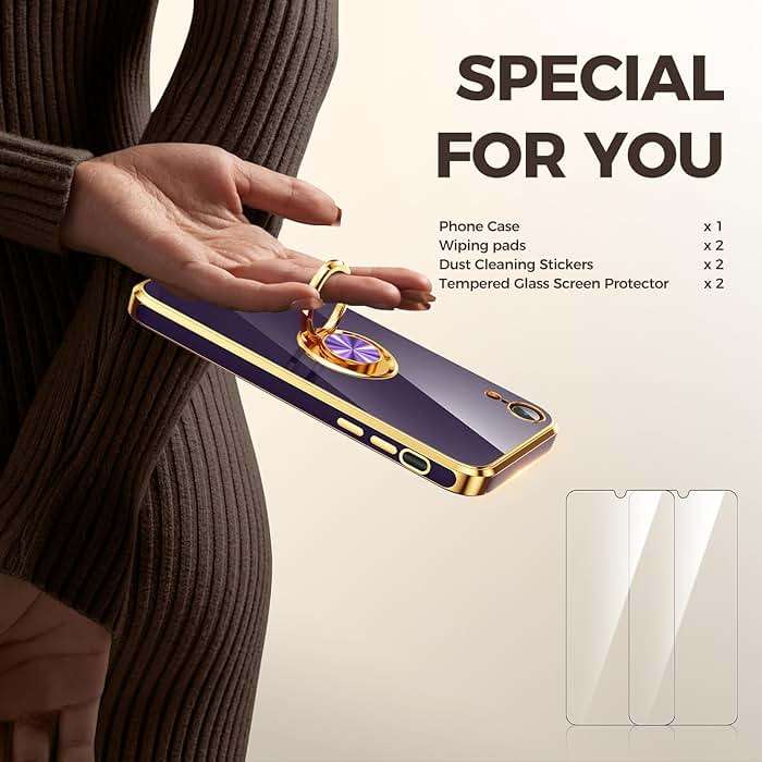 Nonional Compatible for iPhone XR Case with 2 Pack Screen Protector, 360° Rotatable Ring Holder [Luxury Hearts Pattern] Plating Gold Edge Slim Soft Phone Cover Case for iPhone XR - Purple - Image 6