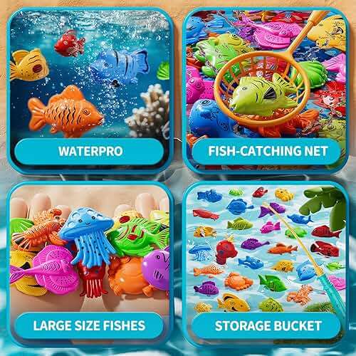 JUKUDAHU Magnet Fishing Toys Game for Kids 3-5 - Floating Fish Toys with Inflatable Kiddie Pool, Bath for Toddlers, Pole Rod Net, Outdoor Party for Boys Girls Kids Age 3 4 5 6 7 8 Year Old - Image 4