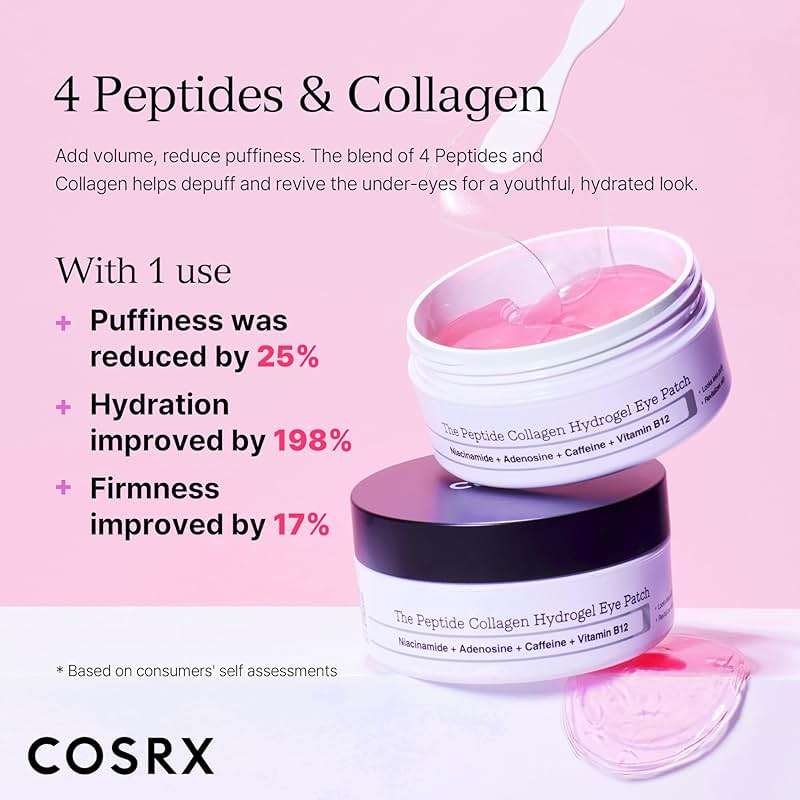 COSRX Pink Peptides Collagen Hydrogel Eye Patch for Puffy Eyes, Cooling & Firming Under Eye Patches with 4-Peptide & Caffeine (60), Depuffing Gel Eye Mask, Korean Skin Care - Image 3