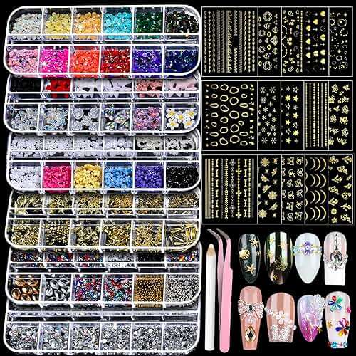 Teenitor Nail Charms Nail Gems with 15 Sheets Gold Nail Stickers, 6 Boxes of Rhinestones for Nails Art Tools, 3D Nail Decals Pearls for Nails - Image 1