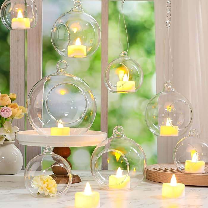 GlikCeil 24 Pcs 5.3'' 3.9'' 3.15'' Hanging Glass Tealights Candle Holder Large Globes Fillable Plant Clear Terrarium Orbs Air Plants Holder with Fishing Line Wedding Centerpiece Tree Decor - Image 2