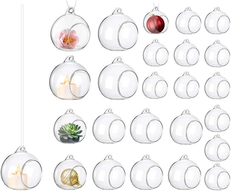 GlikCeil 24 Pcs 5.3'' 3.9'' 3.15'' Hanging Glass Tealights Candle Holder Large Globes Fillable Plant Clear Terrarium Orbs Air Plants Holder with Fishing Line Wedding Centerpiece Tree Decor - Image 9
