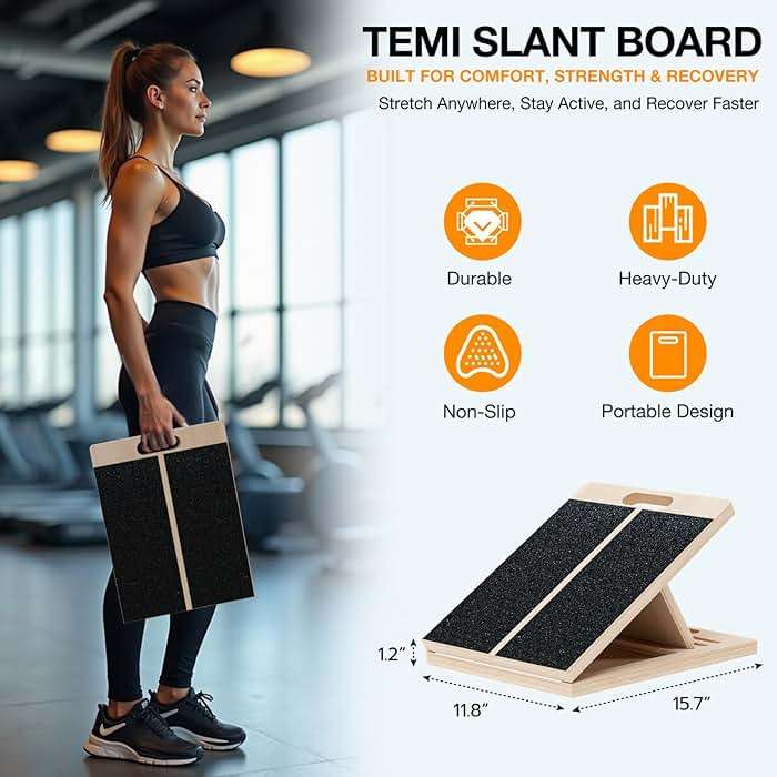 TEMI Slant Board for Calf-Stretching - Wooden Incline Wedge Stretcher for Squats, Foot & Ankle Mobility, Portable Fitness Equipment, Balance Block for Heel Stretch - Image 2