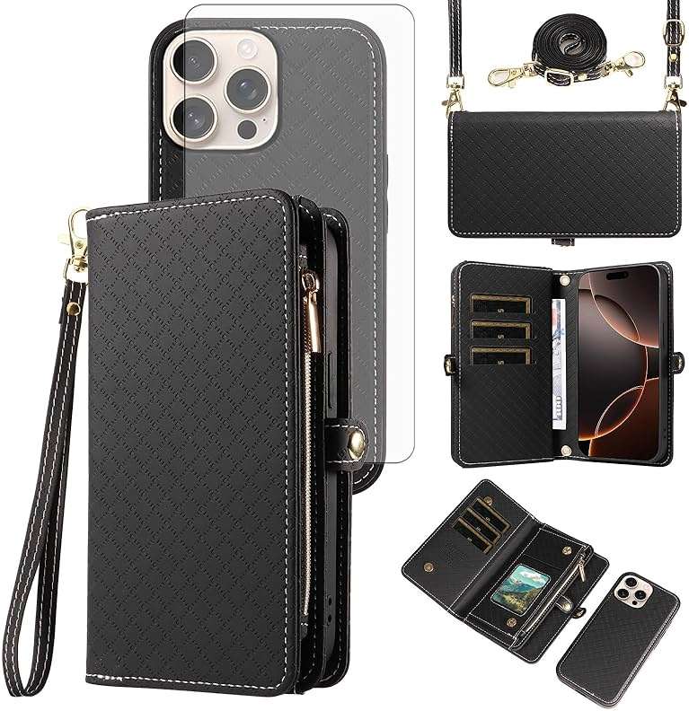 Asuwish Phone Case for iPhone 16 Pro 6.3 inch Zipper Wallet Detachable Cell Cover with Tempered Glass Screen Protector Crossbody Lanyard Strap Flip Card Holder i Phone16 i16 16Pro Women Girls Black - Image 1