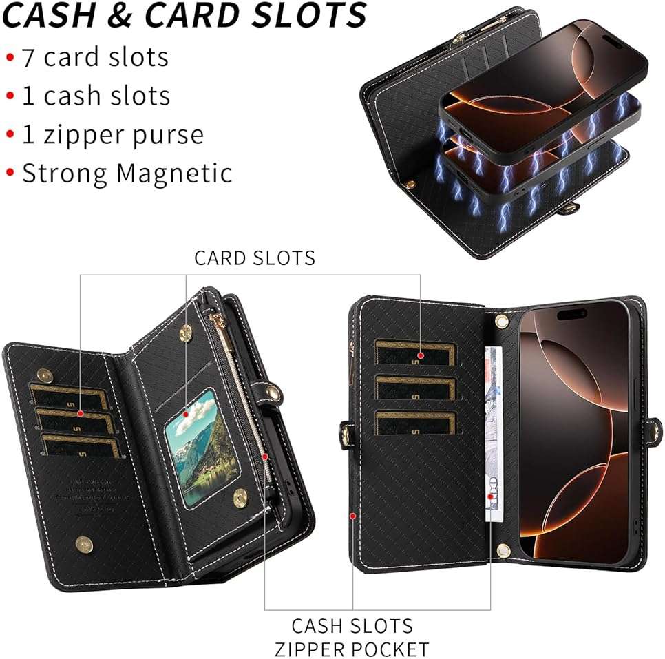 Asuwish Phone Case for iPhone 16 Pro 6.3 inch Zipper Wallet Detachable Cell Cover with Tempered Glass Screen Protector Crossbody Lanyard Strap Flip Card Holder i Phone16 i16 16Pro Women Girls Black - Image 3