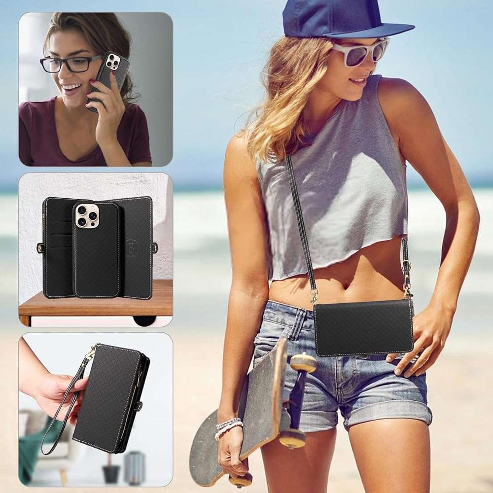 Asuwish Phone Case for iPhone 16 Pro 6.3 inch Zipper Wallet Detachable Cell Cover with Tempered Glass Screen Protector Crossbody Lanyard Strap Flip Card Holder i Phone16 i16 16Pro Women Girls Black - Image 4