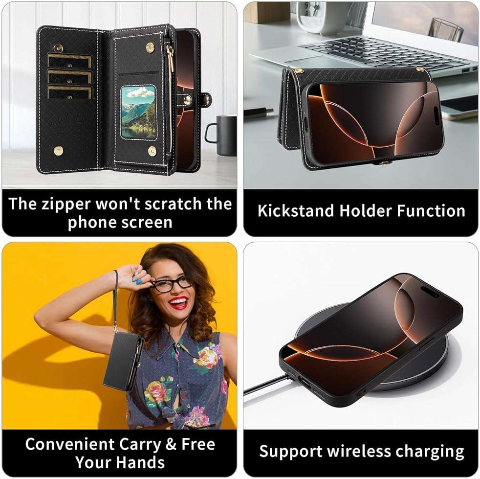 Asuwish Phone Case for iPhone 16 Pro 6.3 inch Zipper Wallet Detachable Cell Cover with Tempered Glass Screen Protector Crossbody Lanyard Strap Flip Card Holder i Phone16 i16 16Pro Women Girls Black - Image 5