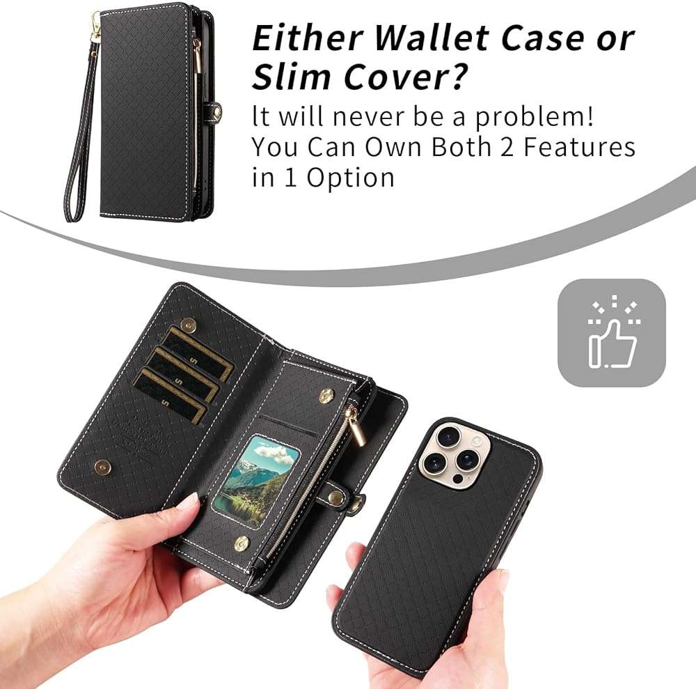 Asuwish Phone Case for iPhone 16 Pro 6.3 inch Zipper Wallet Detachable Cell Cover with Tempered Glass Screen Protector Crossbody Lanyard Strap Flip Card Holder i Phone16 i16 16Pro Women Girls Black - Image 7