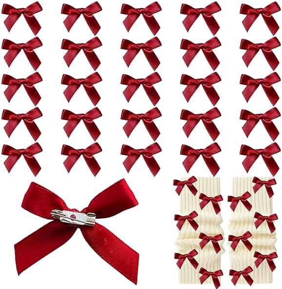 30pcs Bow Charms for Mini Ribbon Junk Socks Brooch Pins Girly Y2K Decorative Pins for Shoes Shirts Hats Gloves Crafts Coquette Safety Pins Accessories Bulk (Wine Red) - Image 1
