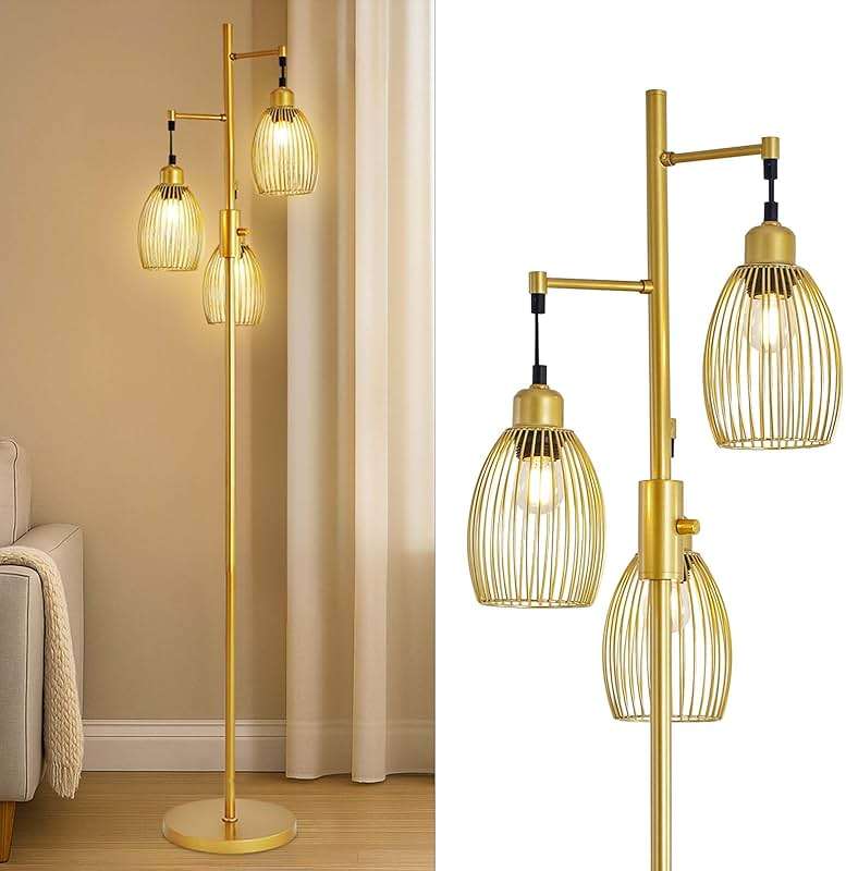 ZSMINGHUI Industrial Floor Lamp 68'' - 3-Light Gold Dimmable Rustic Metal Floor Lamp with Sturdy Pole & Heavy Base, 800 Lumens LED Bulbs for Living Room, Bedroom, Office Decor - Image 1