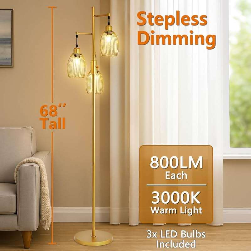 ZSMINGHUI Industrial Floor Lamp 68'' - 3-Light Gold Dimmable Rustic Metal Floor Lamp with Sturdy Pole & Heavy Base, 800 Lumens LED Bulbs for Living Room, Bedroom, Office Decor - Image 2