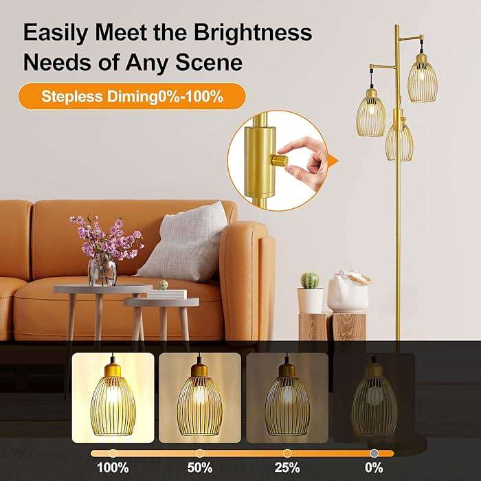 ZSMINGHUI Industrial Floor Lamp 68'' - 3-Light Gold Dimmable Rustic Metal Floor Lamp with Sturdy Pole & Heavy Base, 800 Lumens LED Bulbs for Living Room, Bedroom, Office Decor - Image 4