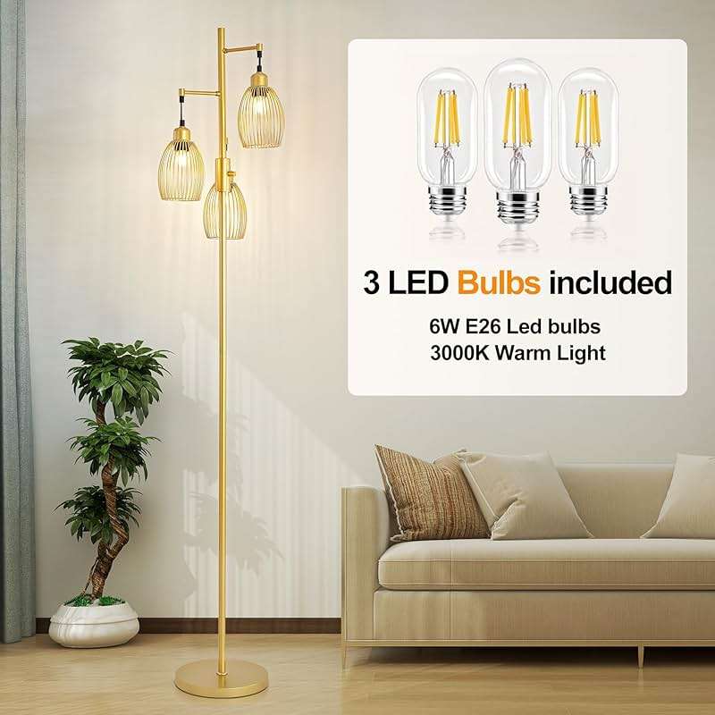 ZSMINGHUI Industrial Floor Lamp 68'' - 3-Light Gold Dimmable Rustic Metal Floor Lamp with Sturdy Pole & Heavy Base, 800 Lumens LED Bulbs for Living Room, Bedroom, Office Decor - Image 5