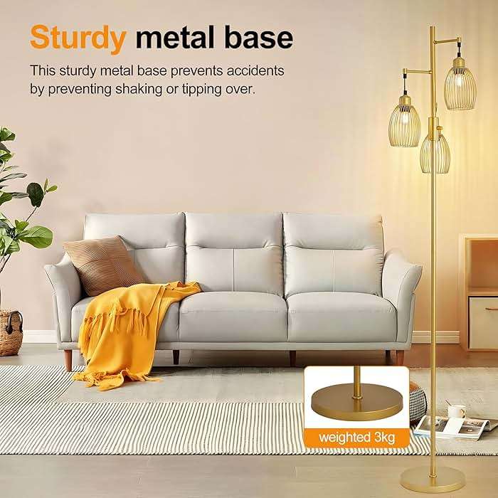 ZSMINGHUI Industrial Floor Lamp 68'' - 3-Light Gold Dimmable Rustic Metal Floor Lamp with Sturdy Pole & Heavy Base, 800 Lumens LED Bulbs for Living Room, Bedroom, Office Decor - Image 6