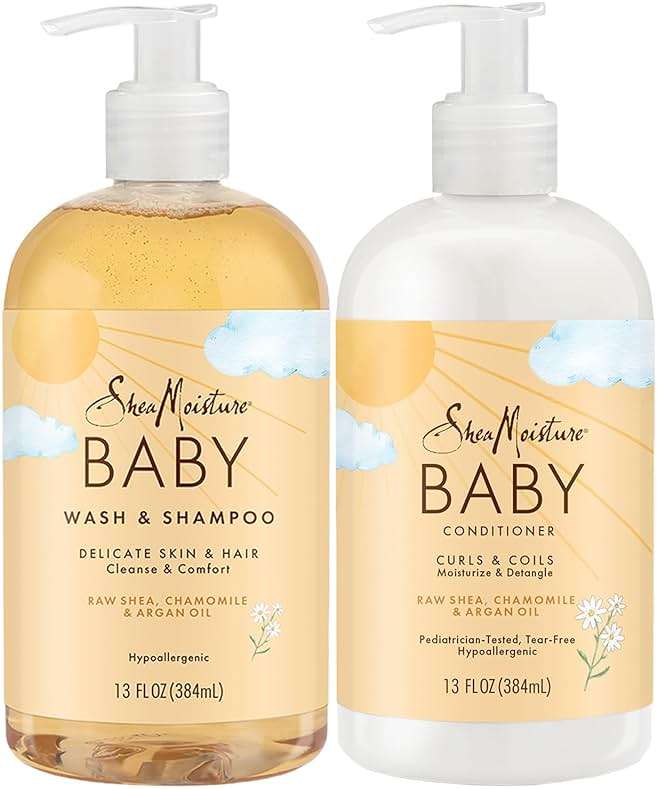 SheaMoisture Baby Essentials, Body Wash & Shampoo + Curls & Coils Conditioner, Detangler with Raw Shea, Chamomile & Argan Oil, Pediatrician-Tested, Hypoallergenic, Tear-Free, 13 Oz Ea - Image 1