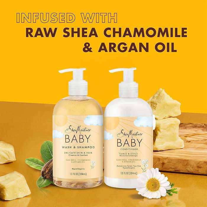 SheaMoisture Baby Essentials, Body Wash & Shampoo + Curls & Coils Conditioner, Detangler with Raw Shea, Chamomile & Argan Oil, Pediatrician-Tested, Hypoallergenic, Tear-Free, 13 Oz Ea - Image 3