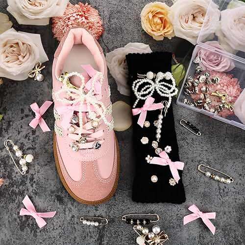 52Pcs Shoe Charms for Sneakers Bow Shoe Lace Charms Junk Sock Jewelry Kit for Women DIY Accessories Rhinestone Brooch Buttons Pearl Flower Clips Safety Pin Gold for Sneaker Hat Clothes Decoration - Image 2