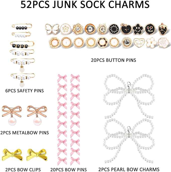 52Pcs Shoe Charms for Sneakers Bow Shoe Lace Charms Junk Sock Jewelry Kit for Women DIY Accessories Rhinestone Brooch Buttons Pearl Flower Clips Safety Pin Gold for Sneaker Hat Clothes Decoration - Image 3