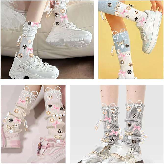 52Pcs Shoe Charms for Sneakers Bow Shoe Lace Charms Junk Sock Jewelry Kit for Women DIY Accessories Rhinestone Brooch Buttons Pearl Flower Clips Safety Pin Gold for Sneaker Hat Clothes Decoration - Image 4