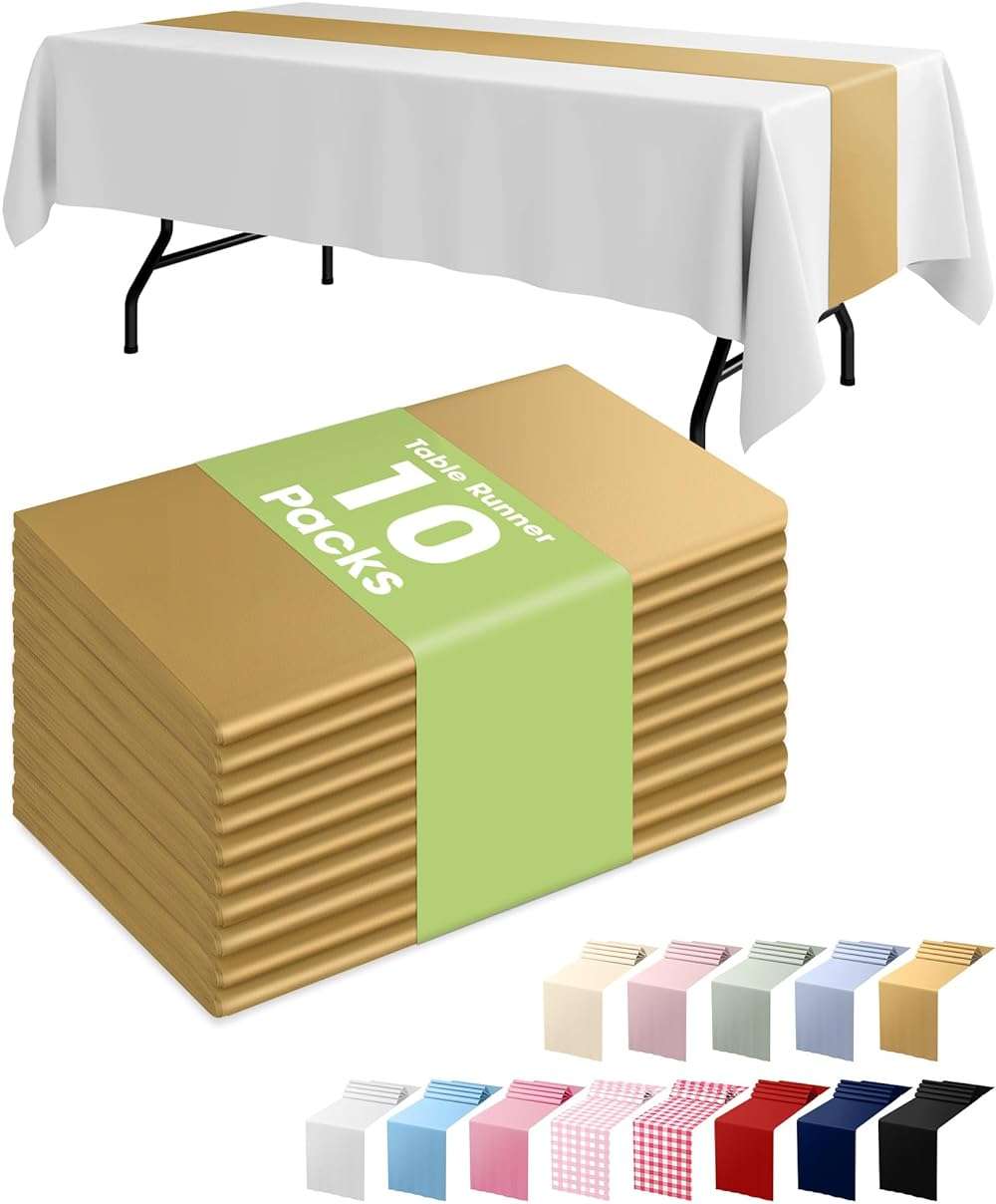 Pureegg Gold Plastic Table Runners - 10 Pack, 14'' x 108'', Water Resistant & Disposable Centerpiece Decorations for Table Cloth, Wedding, Birthday, Holiday, Baby Shower, Party, Home Decor - Image 1