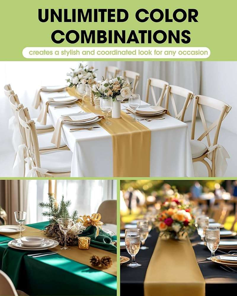 Pureegg Gold Plastic Table Runners - 10 Pack, 14'' x 108'', Water Resistant & Disposable Centerpiece Decorations for Table Cloth, Wedding, Birthday, Holiday, Baby Shower, Party, Home Decor - Image 3