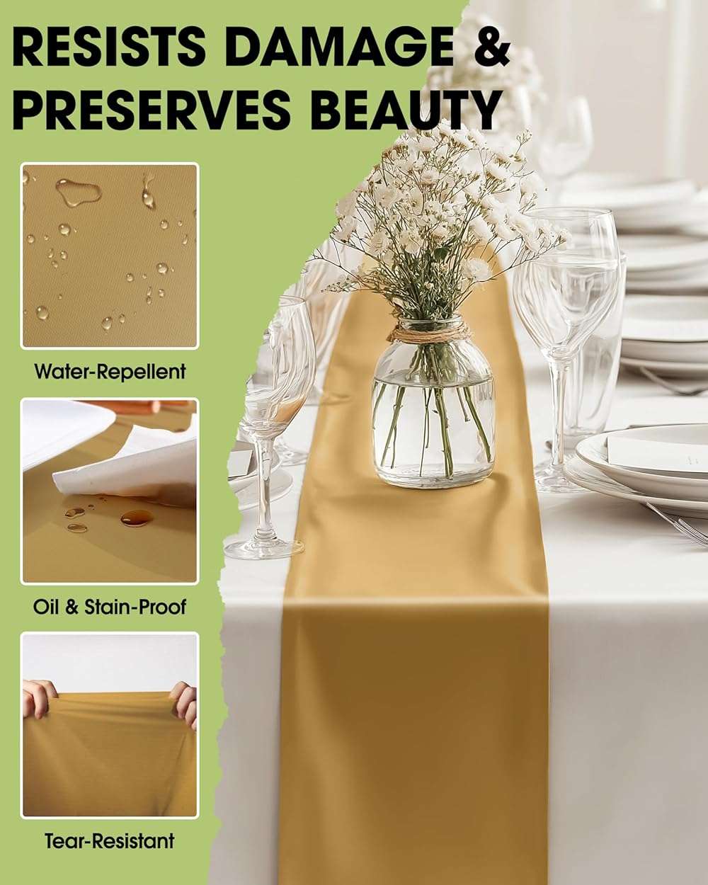 Pureegg Gold Plastic Table Runners - 10 Pack, 14'' x 108'', Water Resistant & Disposable Centerpiece Decorations for Table Cloth, Wedding, Birthday, Holiday, Baby Shower, Party, Home Decor - Image 4